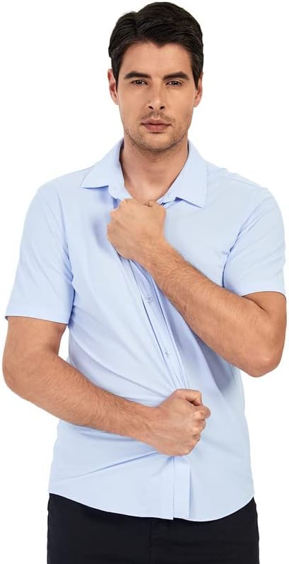 Damipow Мъжки Ризи с висока Еластичност, Без Бръчки, Ризи с копчета и Къс ръкав, Бизнес и Ежедневни Риза с копчета