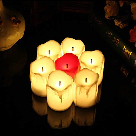 DROAJORNY 6X Беспламенные led Чаени свещи 2 x 1,4 CR2032 батерии за Свети Валентин, декорация за Великден партита (Червен + Топло бяла светлина)