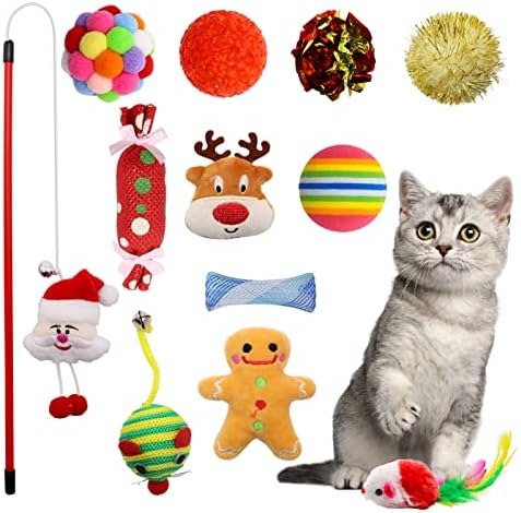Коледни Играчки за котки Yeguhjar, 12 бр., Коледен Комплект Играчки за Котки с Мишката, Писклив Играчки, Топки,