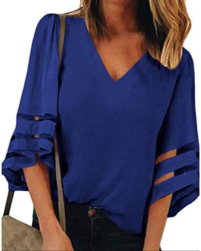 Пролетни Блузи за Жени 2023 Модни Обикновена Выдалбливают 3/4 Ръкав С V Образно Деколте, Свободно Намаляване