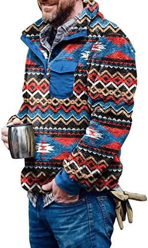 Пуловери за Мъже Отвътре с Дълги Ръкави, Топъл Пуловер в стила на Ацтеките, Пуловер с V-образно деколте с цип, Мъжки Дрехи
