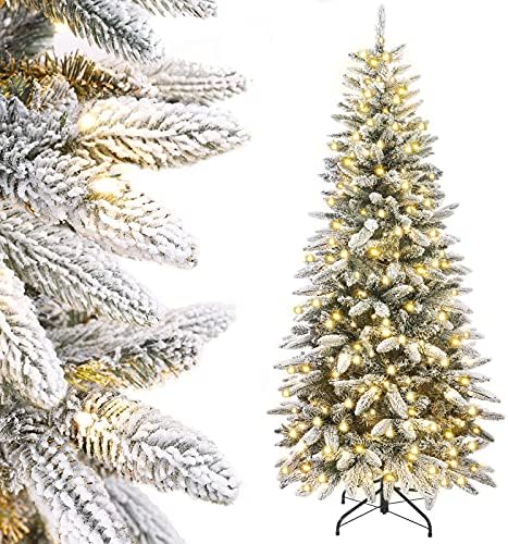 Decoway 6-Подножието Предварително Осветени Изкуствена Коледна Елха-Молив с Стекающимися със снежни Гирлянди, Коледни Празнична