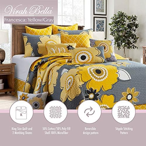 Комплект спално бельо Virah Bella Quilt от Лек Заден стеганого одеяла King Francesca Жълто/сиво на цвят, с принтом и 2 Възглавници в тон - Уютно и красиво Спално бельо в модерни тем?