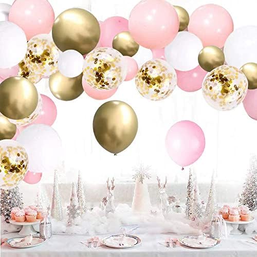 Розово и Бяло Злато Арка-Венец от Балони, Розово-Златни Латексови Балони с Конфети за Момичета, Рожден Ден, Детски Душ,