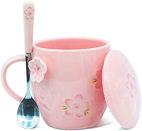 Кавайная Чаена чаша с капак и лъжица, Чаена Чаша с Черешов цвят, Сладка Керамична Чаена чаша, най-Добрите подаръци