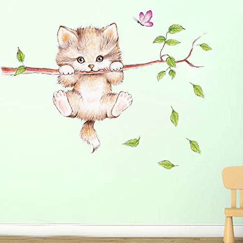 Wallpark Карикатура Сладък Котка на дръвче Стенни Стикер За Момичета Домашна Котка Свалящ Стикер На Стената, Детска Домашна