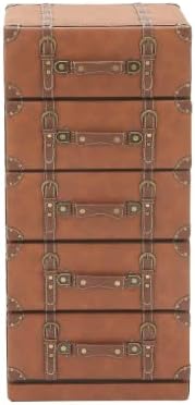 Скрин от изкуствена кожа Deco 79 Wood с 5 чекмеджета, с ключалка и каишка, 16 x 14 x 35, Кафяв