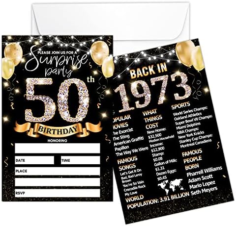 покана карта на парти в чест на 50-годишнината - Покани от черно злато с печат на плакат 1973 г. на заден ход, Двустранни Покани за попълване - 20 Картички с конвертами за ?