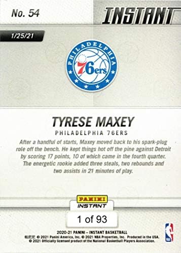 2020-21 Панини Instant Баскетбол 54 Тайрийс Макси Card нов 76ers - Направено само 93!