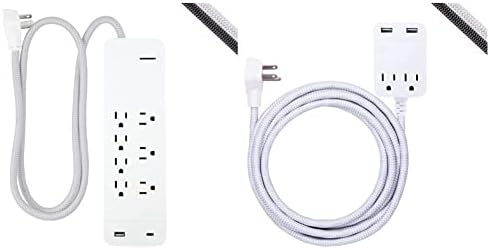 Мрежов филтър GE UltraPro 7 Outlet и мрежов филтър GE 2 Outlet 2 USB, Само 12 W / 2,4 И USB, удължителен кабел в оплетке с дължина 10 метра, Плосък вилица