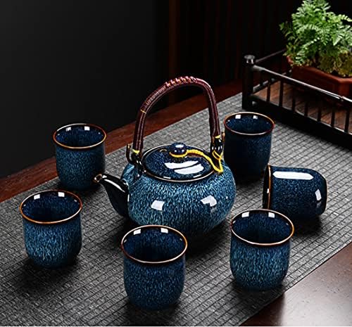 Японски Чай, Син Порцелан Чай с 1 Кана, 6 Чаени Чаши, Красив Азиатски Чай за Възрастни, Любителите на Чай