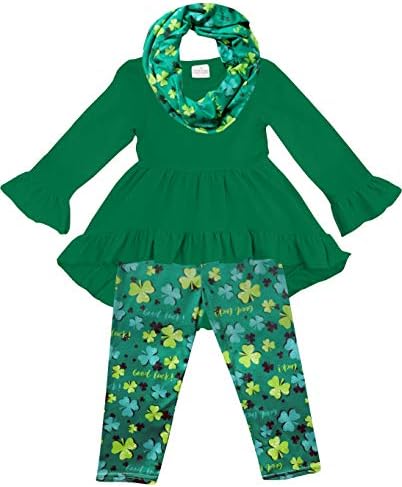 Комплекти дрехи за Деня на Свети Патрик за малки момичета Amor Bee - Топ, Панталони и Шал от 3 теми с Трилистником и Щастлив