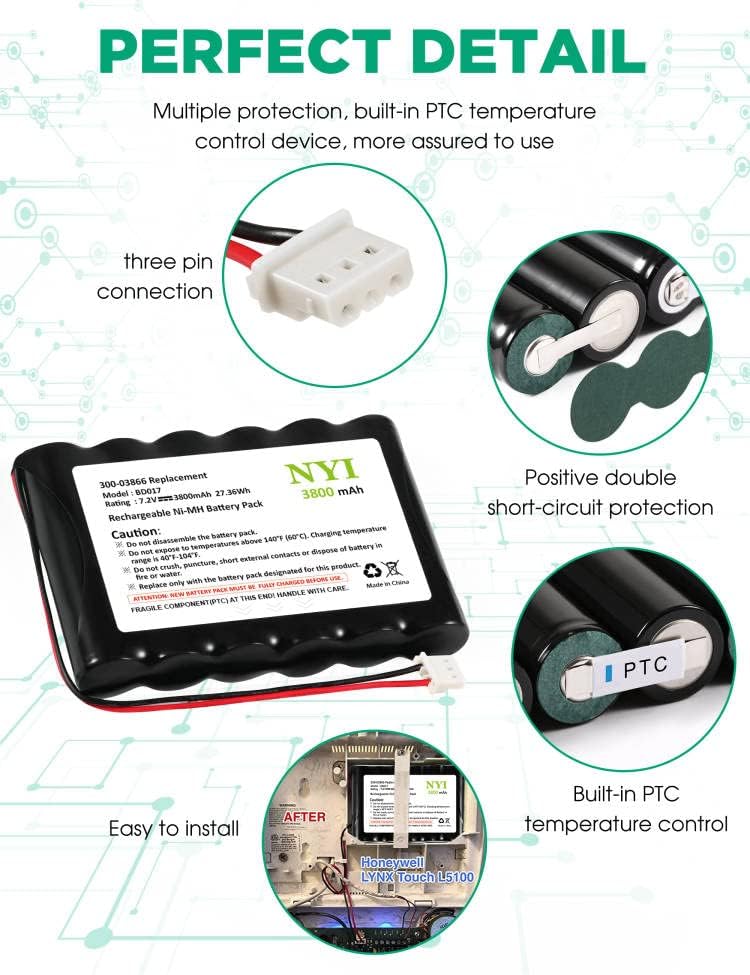 NYI Модернизирана батерия с капацитет 3800 ма 300-03866 за Honeywell Alarm Lynx 5100, 5200, 5210, Lynx Touch 7000, контролер