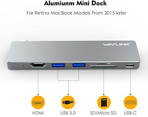 Хъб USB C за MacBook Pro /2017, Адаптер за прокарване на зареждане PD-концентратор Wavlink, Алуминиев hub Type