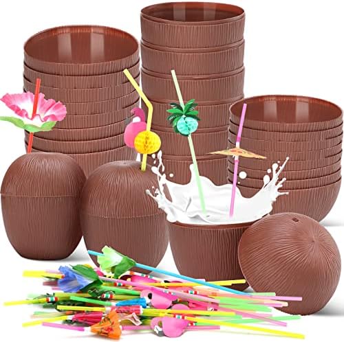 Комплект чаши кокосови Gerrii за Хавайски парти, 16 унции, Набор от Пластмасови чашки за Хавайски парти, Тропически Кокосови