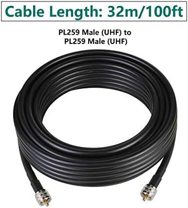 Коаксиален кабел за удължаване GEMEK 100ft PL259-PL259 с ниски загуби, М/М скок UHF за CB радио Антена анализатор, WiFi,