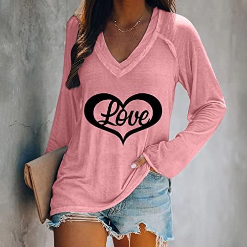 Женска тениска Love, Ежедневни Удобна Тениска с дълъг ръкав Свободно, Намаляване, Блуза С V-образно деколте и