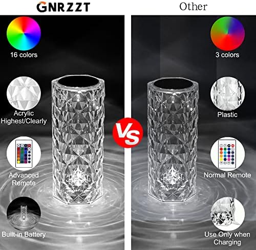 Кристален Настолна Лампа GNRZZT, 16 Цвята с Регулируема Яркост, Сензорно Управление, USB Акумулаторна Безжична Акрилна