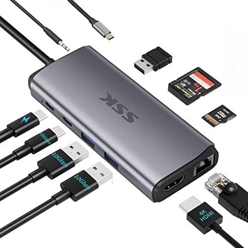 SSK C USB Hub с Док-станция, на 10 в 1 Тип C Сплитер Многопортовый Адаптер 4 До/60 Hz HDMI, Докинг станция Thunderbolt