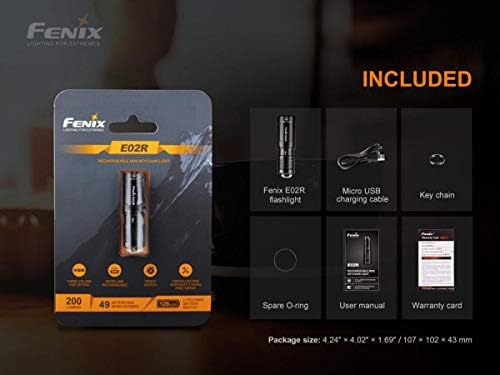 Fenix E02R 200 Лумена USB Мини Акумулаторна EDC Ключодържател-Фенерче с зарядно кабел EdisonBright, калъф за носене (черен)
