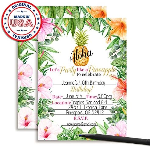 Покани за парти с Тропически цветя и Ананас Aloha Luau, 20 Картички с размер 5 x 7 инча с двадесет Бели Конвертами