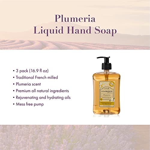 Течен сапун за ръце A LA MAISON Plumeria - Естествен Овлажняващ сапун е Тройно Френски мелене (Опаковка от 3 бутилки от