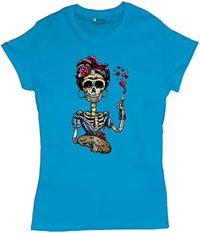 Тениска с изображение на Фрида Кало Захарен череп, Женска тениска Calavera Day of The Dead