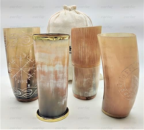 Carfar Handicrafts Кралския Рог за пиене на Викингите, Комбиниран комплект от 4 Чаши с Дървена основа за Медовухи, Бира и Бира