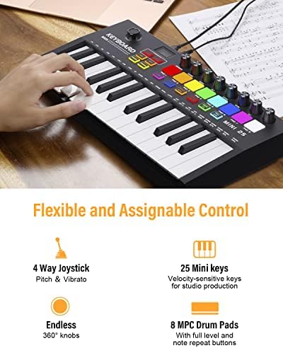Контролер клавиатура KONIX MIDI с 25 клавиша, Преносим USB MIDI с чувствителни към скоростта мини-клавишите