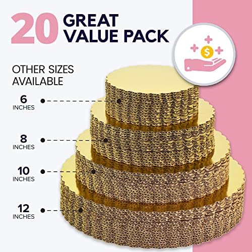 [20 опаковки] 6 Златна Плисирани дъска за торта - Ламиниран Картон с кръгли шипа, Кръгла Основа, Тави за пици, Торти,