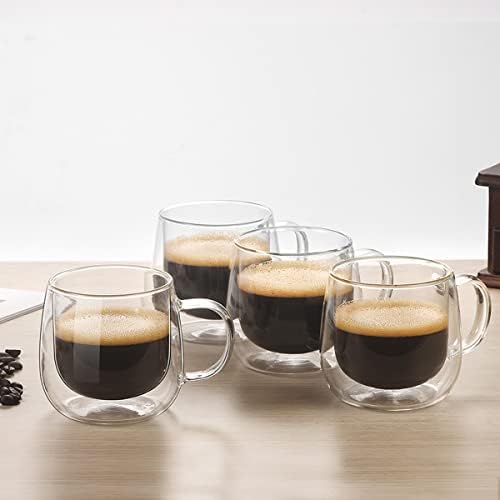 BNUNWISH Стъклени чаши за Кафе с двойни стени 10 унции, Комплект от 4 Изолирани прозрачни чаени чаши с дръжка, идеални за приготвяне на еспресо, лате и капучино