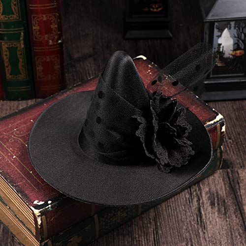 Малка шапка вещица, ретро, черна шнола за коса с цвете вещици, декоративни аксесоари за коса за Хелоуин за парти (черно цвете)