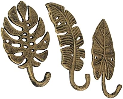 Zeckos Комплект от 3 Антични Железни Куки с тапицерия от Тропически листа, Декоративни Стенни Куки, Закачалка