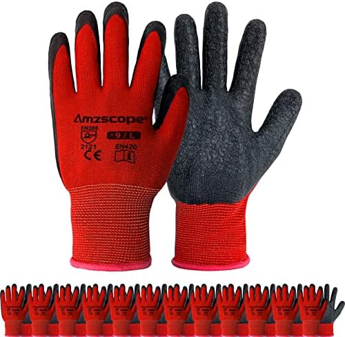 Работни ръкавици amzscope - 12 Чифта В опаковка, Предпазни Ръкавици с латексово гумено покритие, Тънки Градински Ръкавици,