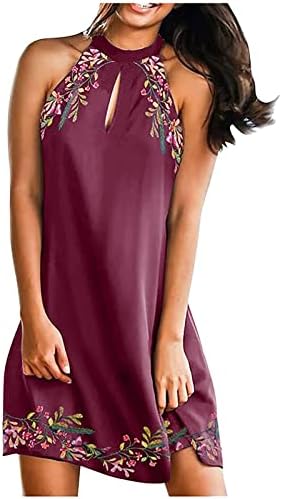 Летни рокли за Жените 2023, Ежедневното Мини-Плажна Рокля без Ръкави в стил Бохо с Цветен Модел на Шията, Выдалбливают