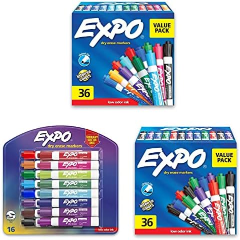 Маркери за сухо изтриване с ниско миризма EXPO, различни цветове, 36 маркери за сухо изтриване с ниско миризма, на върха
