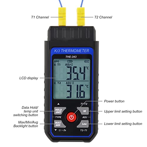 Двоен Термометър с термопарой тип K/J, измерване на температура по каналите T1-T2, Широка гама от Цифров термометър с подсветка