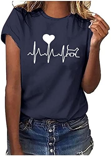 Графични Тениски за Жени, Летни Тениски с Принтом ЕКГ във формата на Сърце, Ежедневни Тениска с Кръгло Деколте и Къс Ръкав, Сладък