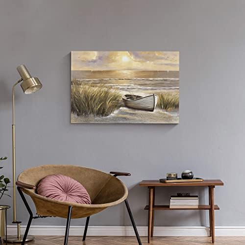 arttitue Ocean Wall Art Платно Спалня: Плаж-Картина на Залез слънце Крайбрежен Пейзаж Лодка Принт Морски Пейзаж Произведение