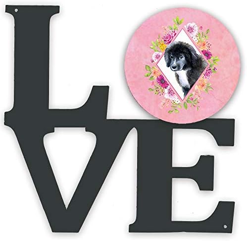 Съкровищата на Каролина CK4164WALV Кученце Нюфаундленд Розови Цветя Метални Стенни Картина на Любовта,