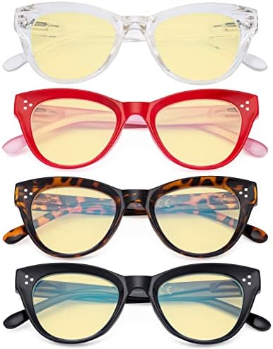 Eyekepper 4 Опаковки Големи Очила Със Сини Светофильтром, Дамски Очила за четене на компютър Котешко Око, Жълти Стъкла +