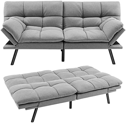Разтегателен диван-futon JKUYWX, разтегателен диван с ефект на паметта, разтегателен диван с регулируем подлакътник, сив