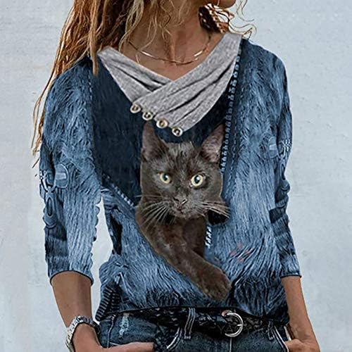 Потници за жени, дамски тениски с изображение на привлекателен котка райе с дълъг ръкав, асиметрични блузи-ризи, удобна тениска в тъмно синьо