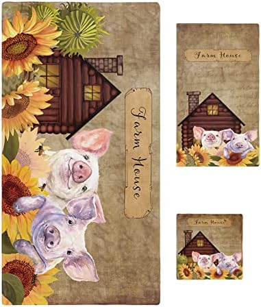 Комплект Хавлиени Кърпи Seven Roses Farm Pig, Меки Абсорбиращи Кърпи За Баня, Ферма Животни, Слънчоглед, Ретро