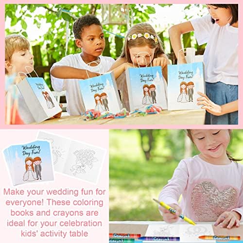 Сватбени дейности за деца, включително 16 сватбени книги-оцветители, 16 чанти за сватбени подаръци, 16 цветни моливи и