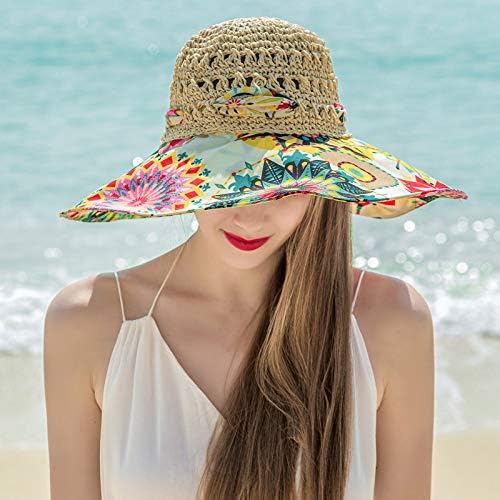 Дамски солнцезащитная сламена шапка NEARTIME впечатлява със своя бохемски стил, за пътуване, сгъваеми летни плажни шапки с