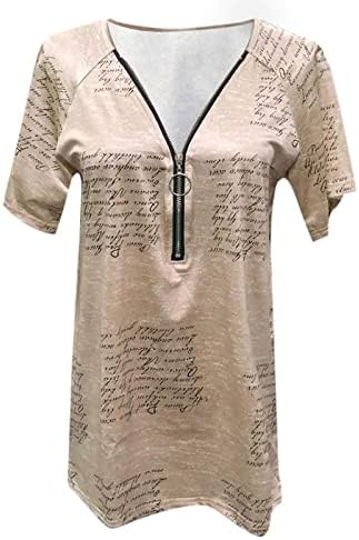 Женска Тениска с Писмото Принтом, Графични Блузи с V-образно деколте с цип, Модни Тениски С Къс ръкав, Елегантни Ежедневни Блузи