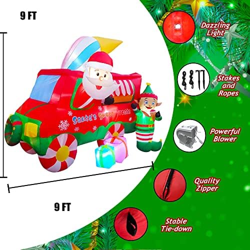 SEASONBLOW Надуваем Коледен Камион За Сладолед, Декорация с Дядо Коледа, Елф, Подаръчни Кутии, Декор, Led Светлини за
