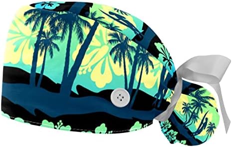 2 Опаковане на Женската Работна шапка с Копчета, Завязанной Отзад на Панделка, Эстетичные Калъфи за Коса Цвят Тропически Франжипани Green Hawaii Sunrise