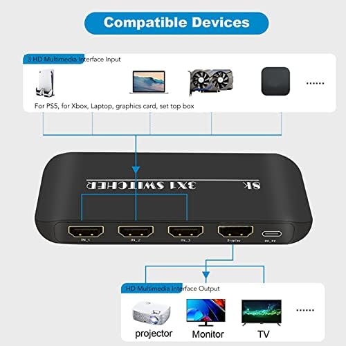 Преминете HDMI, 3 в 1 От 8K UHD HDMI Switcher Дърва, 3 в 1 От 8K 60Hz 4K 120Hz 48Gbps HDMI Splitter Switcher, за декодери, IPTV, LCD телевизор, DVD плейър